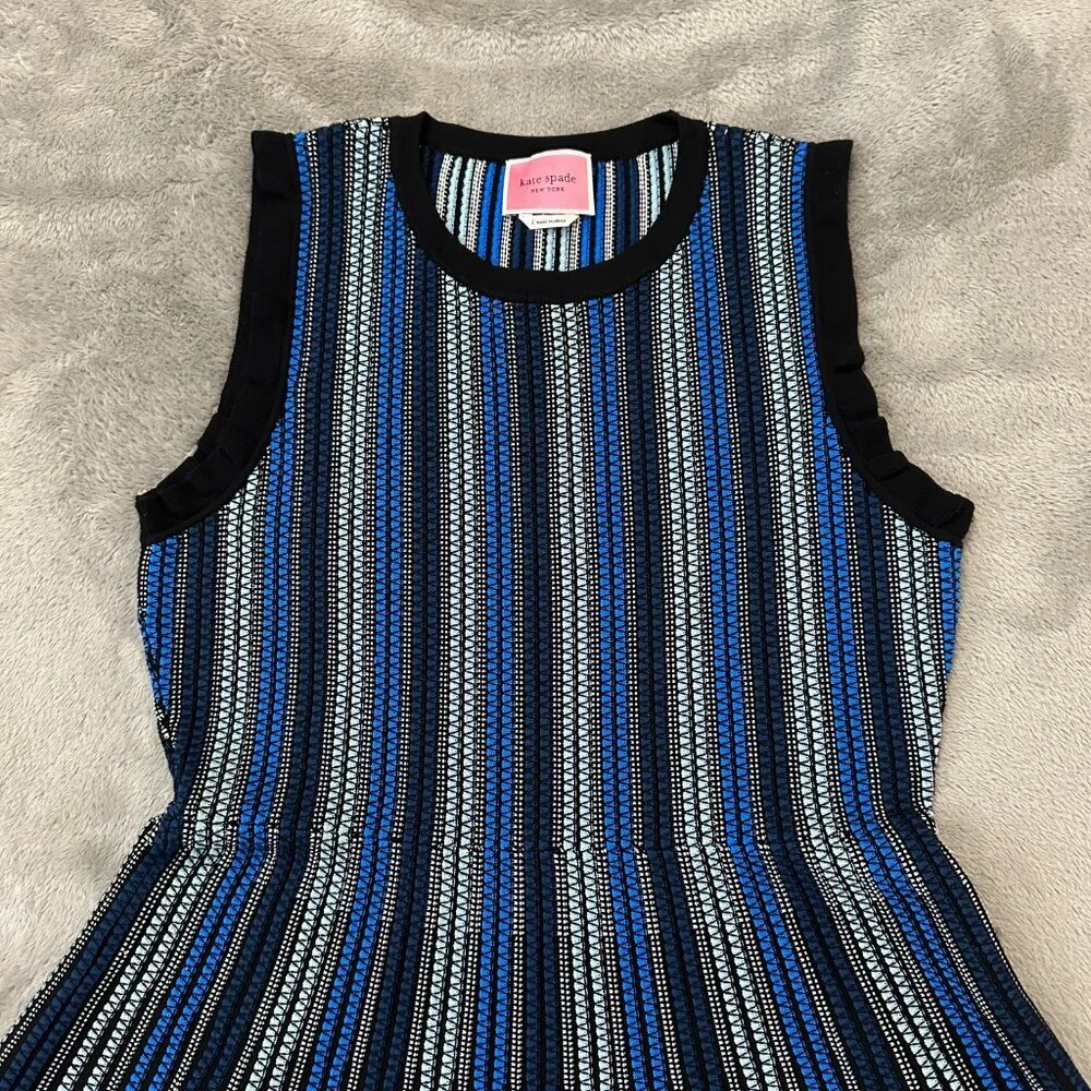 Kate Spade Sleeveless Textured Sweater Dress Fit and Flare LARGE Blue Stripe